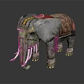 Decorated War Elephant With Red Blanket Golden Armor And Long Tusks