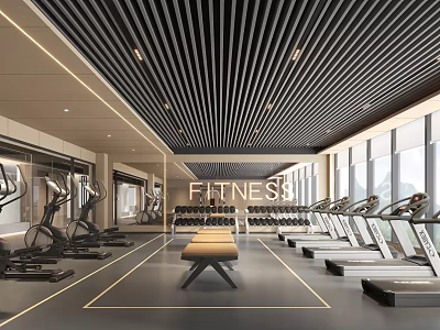 Modern Fitness Gym Interior With Treadmills Exercise Bikes Large Windows And Spacious Layout 3d model