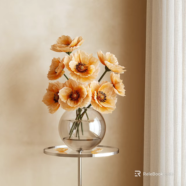 Orange Flowers in Glass Spherical Vase on Metal Table with Beige Wall Background 3d model 