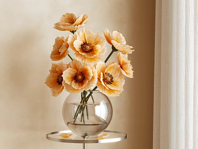 Orange Flowers in Glass Spherical Vase on Metal Table with Beige Wall Background 3d model