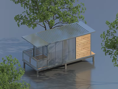 Modern Container Building with Metal Roof Wooden Wall Glass Panels Balcony Surrounded by Trees 3d model