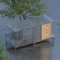 Modern Container Building with Metal Roof Wooden Wall Glass Panels Balcony Surrounded by Trees