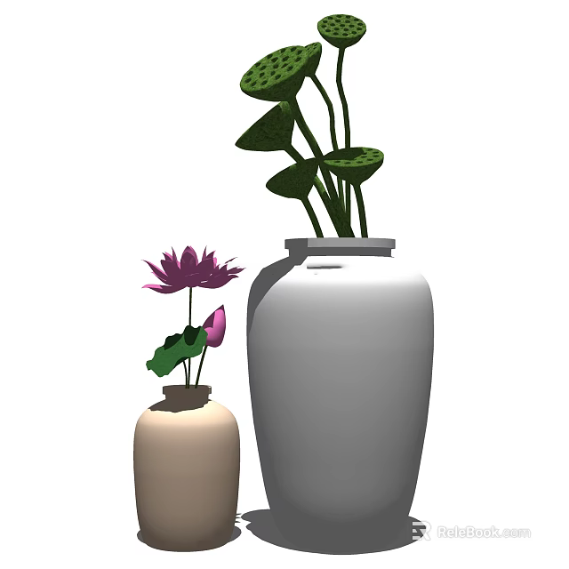 Large White Vase With Lotus Leaves And Small Vase With Purple Lotus Flower Bud 3d model 