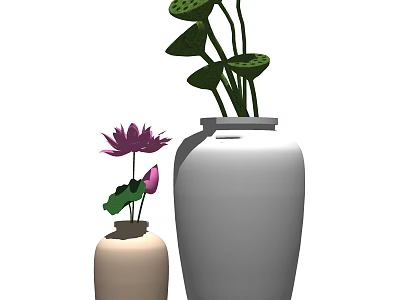 Large White Vase With Lotus Leaves And Small Vase With Purple Lotus Flower Bud 3d model