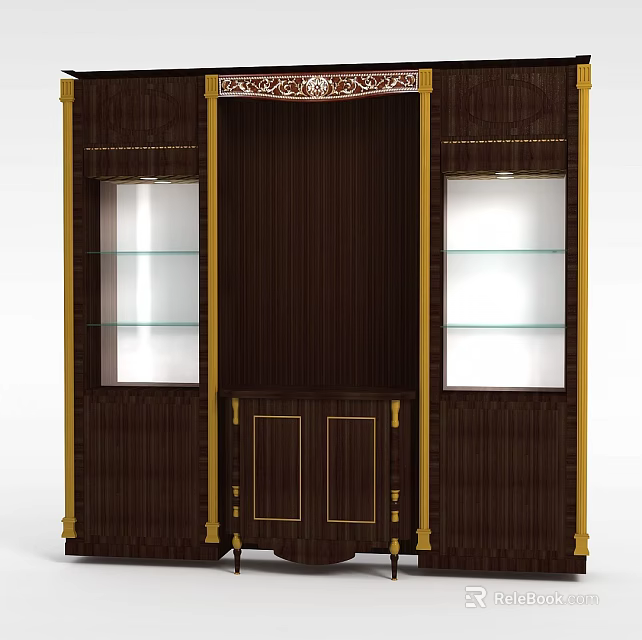 Ornate Carved Wooden Cabinet With Dark Brown Finish Gold Accents And Glass Shelves 3d model 