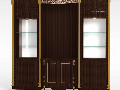 Ornate Carved Wooden Cabinet With Dark Brown Finish Gold Accents And Glass Shelves 3d model