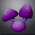 Three Purple Mushrooms with White Spots 3D Render on Dark Background