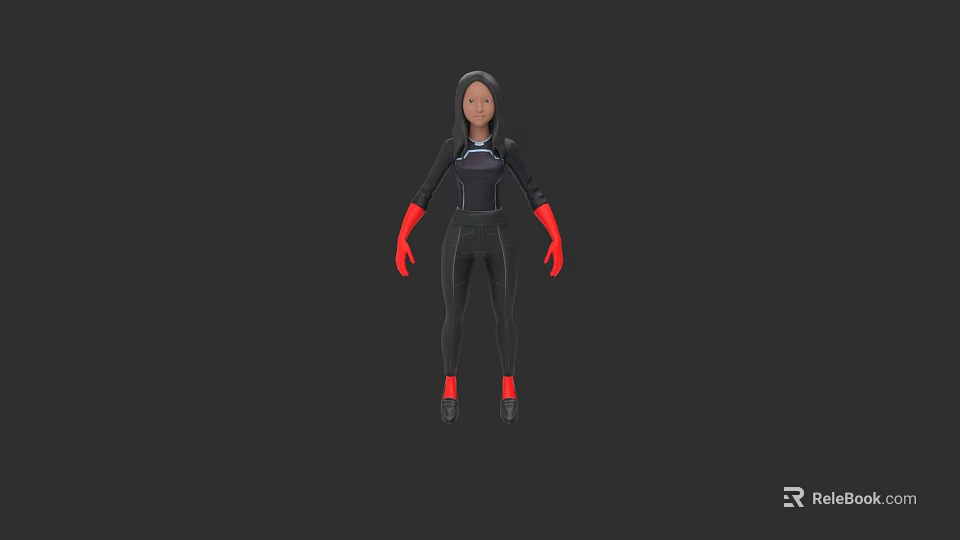 3D Model Woman Wearing Black Outfit With Red Gloves and Red Shoes 3d model 