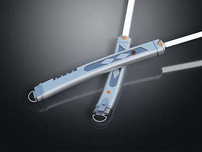 Two Crossed Tactical Weapons With Silver Handles Orange Accents Sharp Blades On Dark Reflective Surface 3d model