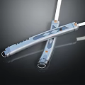 Two Crossed Tactical Weapons With Silver Handles Orange Accents Sharp Blades On Dark Reflective Surface