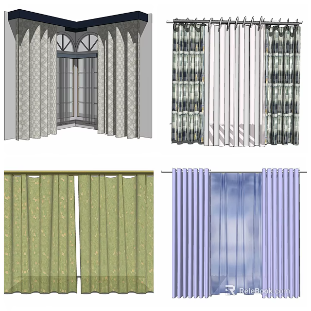 Diverse Curtain Styles With Floral Patterns Solid Colors And Window Backgrounds 3d model 