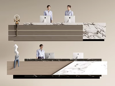 Modern Front Desk Reception Design With Marble Countertop And Receptionists Using Computers 3d model
