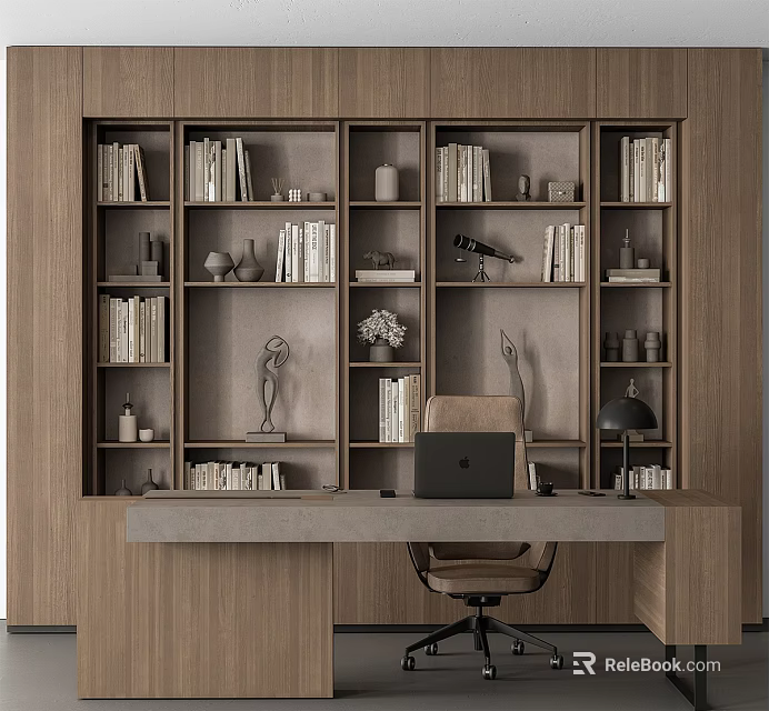 Modern Office Desk with Bookshelves Books Sculpture Green Plant Lamp and Laptop 3d model 
