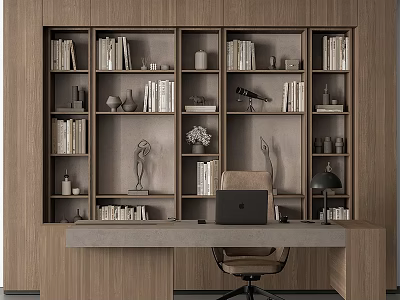 Modern Office Desk with Bookshelves Books Sculpture Green Plant Lamp and Laptop 3d model