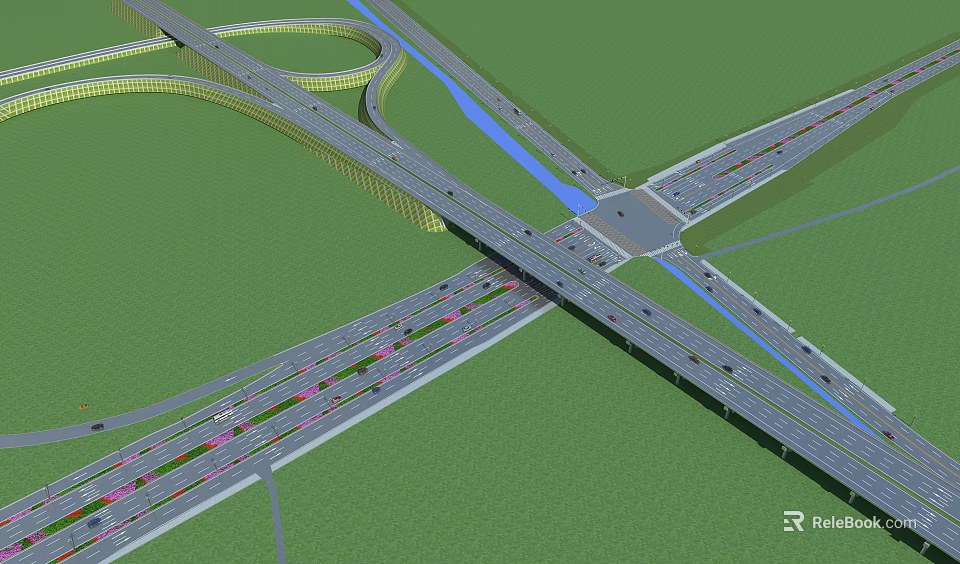 Road Infrastructure Complex Interchange With Multiple Lanes Overpasses And River Crossing For Efficient Traffic Flow 3d model