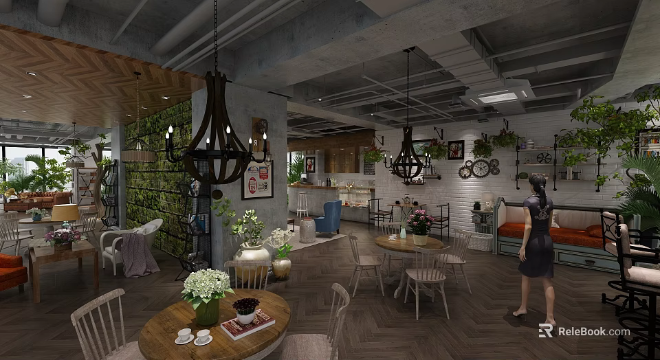 Charming Café Interior With Hanging Chandeliers Green Plant Wall Wooden Tables And Chairs 3d model 