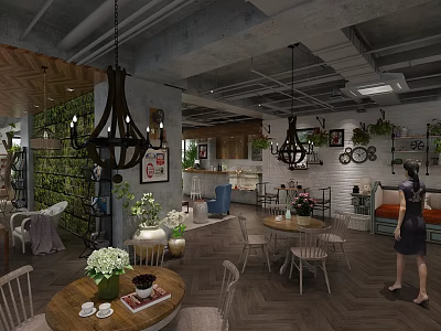 Charming Café Interior With Hanging Chandeliers Green Plant Wall Wooden Tables And Chairs 3d model