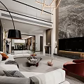 Modern Duplex Living Room Interior With Marble Feature Wall TV Unit And Chandelier