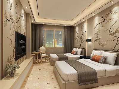 Hotel Guest Room With Twin Beds Oriental Floral Walls TV And Work Desk 3d model