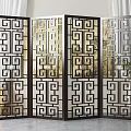 Four Panel Room Divider Screen With Chinese Geometric Pattern And Black Frame 3d model