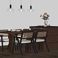 Modern Kitchen Interior With Wooden Island Dining Table Chairs And Pendant Lights