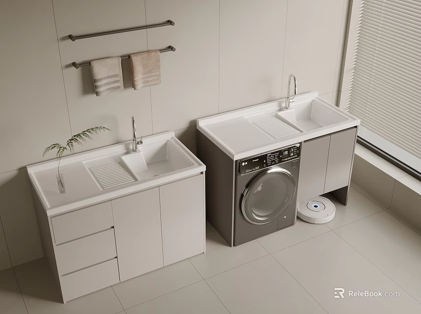 Modern White Laundry Room With Washing Machine Laundry Sink Towel Rack And Robot Vacuum 3d model 