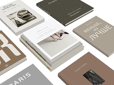 Multiple Books With Various Cover Designs In White Gray Brown Beige And Text Image Elements 3d model