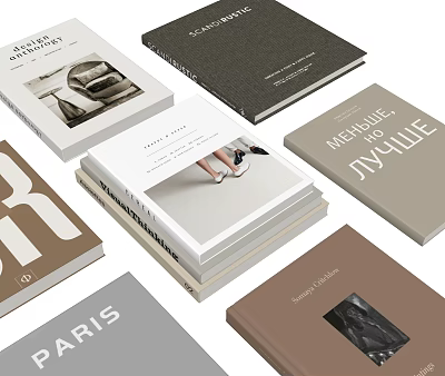 Multiple Books With Various Cover Designs In White Gray Brown Beige And Text Image Elements 3d model