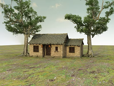Traditional Small Brick House With Tiled Roof And Two Big Trees On Grassland 3d model