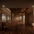 Modern Clubhouse Interior With Arched Structures Dark Wood Floors And Orange Chairs