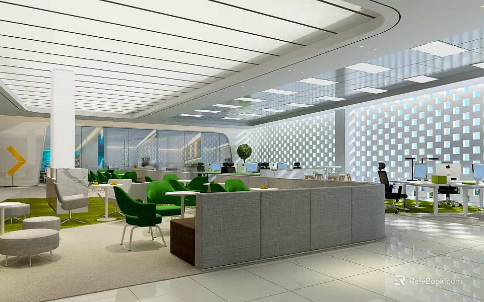 Public Office Space With Open Layout Green Chairs Grey Partitions Geometric Wall And Natural Light 3d model 