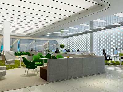 Public Office Space With Open Layout Green Chairs Grey Partitions Geometric Wall And Natural Light 3d model