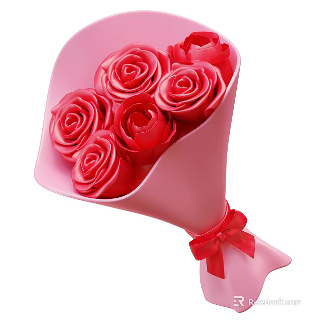Beautiful Bouquet of Fresh Red Roses Wrapped in Pink Paper with Red Ribbon Bow 3d model 