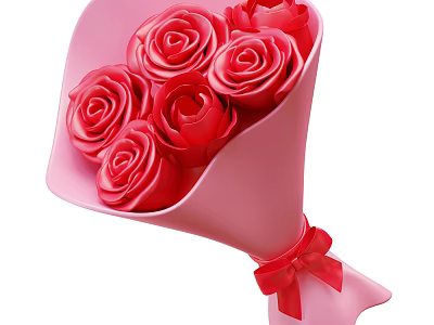 Beautiful Bouquet of Fresh Red Roses Wrapped in Pink Paper with Red Ribbon Bow 3d model