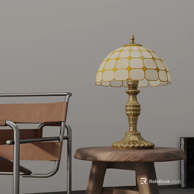 Vintage Brass Table Lamp with Yellow White Checkerboard Pattern Shade on Wooden Side Table 3d model 