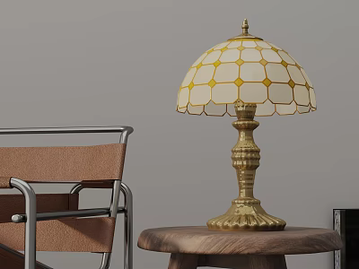 Vintage Brass Table Lamp with Yellow White Checkerboard Pattern Shade on Wooden Side Table 3d model