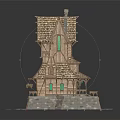 Cartoon Style Multi storey Wooden House Scene With Green Windows Tiled Roof And Stone Base