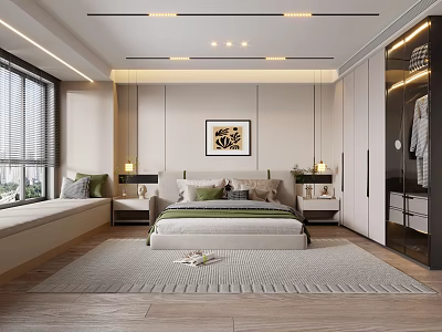 Modern Bedroom Interior Design With Bed Nightstands Artwork Bay Window And Rug 3d model