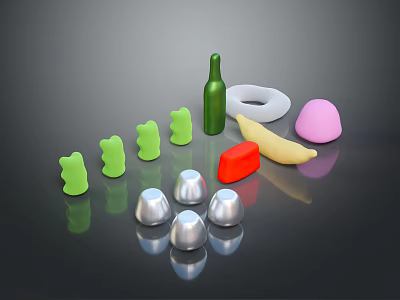 Colorful Daily Life Supplies Including Green Bottle White Ring Pink Hemisphere And Silver Domes 3d model