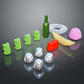 Colorful Daily Life Supplies Including Green Bottle White Ring Pink Hemisphere And Silver Domes