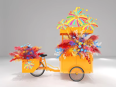 Vibrant Floral Display On Orange Tricycle Featuring Colorful Flower Arrangements And Firework Decor 3d model
