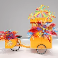 Vibrant Floral Display On Orange Tricycle Featuring Colorful Flower Arrangements And Firework Decor