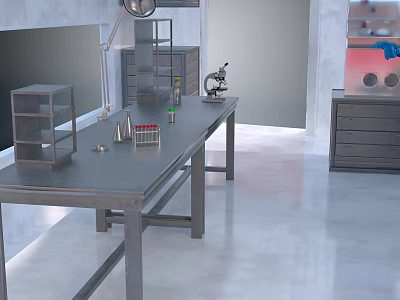 Sturdy Laboratory Furniture Setup With Metal Workbench Microscope And Storage Cabinets 3d model