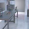 Sturdy Laboratory Furniture Setup With Metal Workbench Microscope And Storage Cabinets