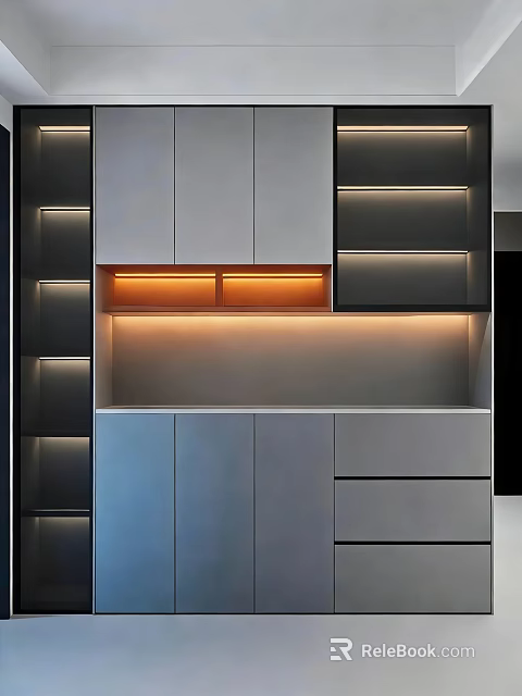 Modern Wine Cabinet Design With LED Lighting Sleek Doors And Open Shelves 3d model 