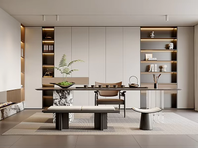 Modern Tea Room Interior Design With Wooden Table Tea Set And Green Plant 3d model
