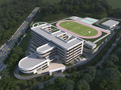 Modern School Building Complex With Classroom Buildings Track Football Field And Green Surroundings 3d model