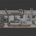 Industrial Equipment Control Panel With Pipes Gauges Switches And Electrical Components