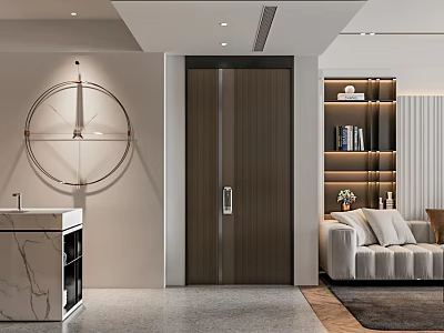 Modern Living Dining Room Interior With Circular Wall Clock Double Doors Marble Countertop And Bookshelf 3d model