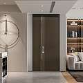 Modern Living Dining Room Interior With Circular Wall Clock Double Doors Marble Countertop And Bookshelf